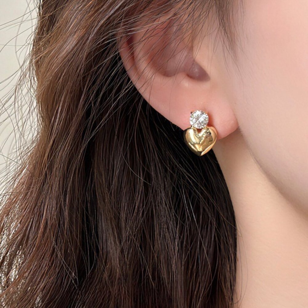 3/$35 Gold Tone Heart Stud Earrings CZ Rhinestone Accent Dainty Jewelry